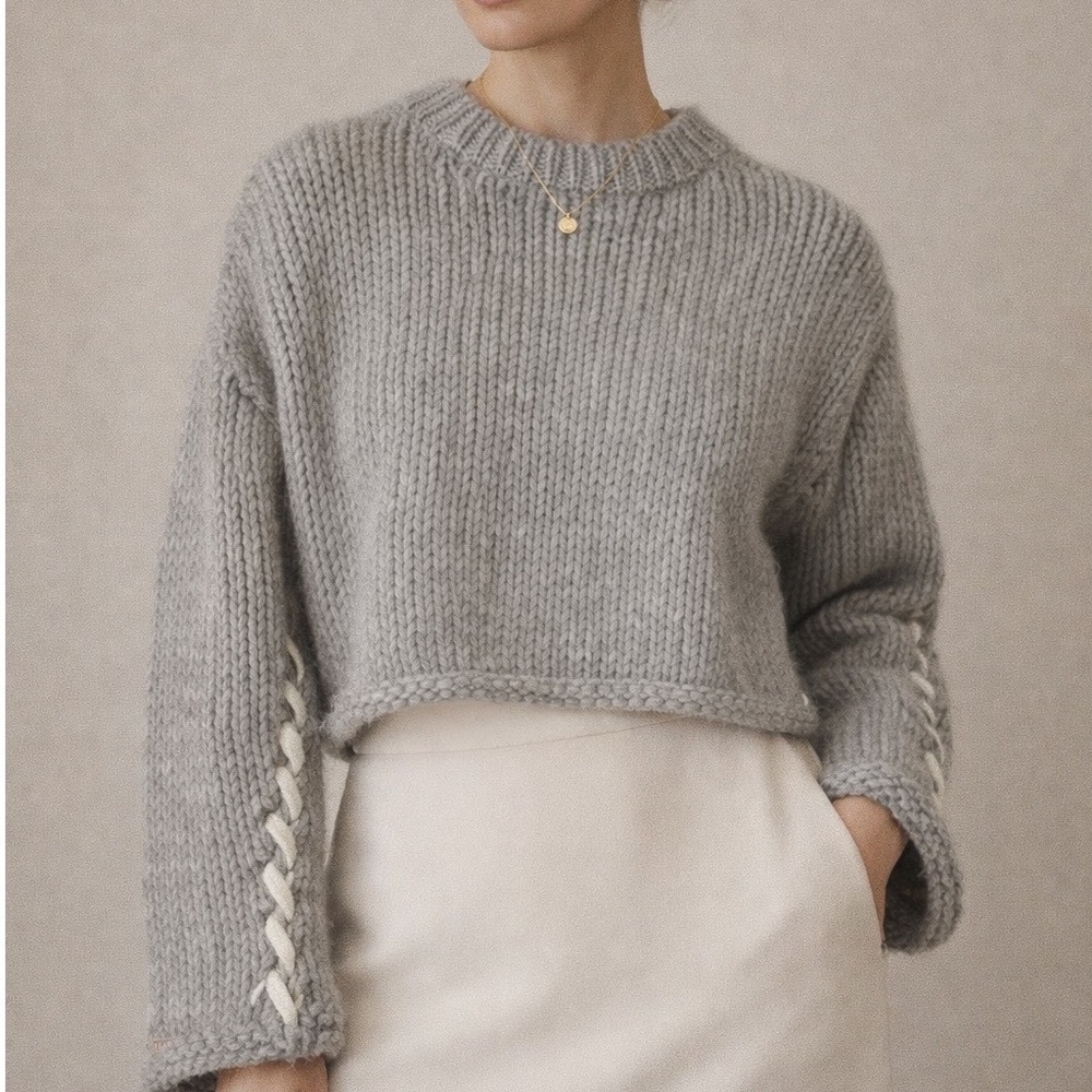 Lunya Chunky Wool Blend Whipstitch Knit Sweater Grey XS/S Oversized Cropped c3‎
